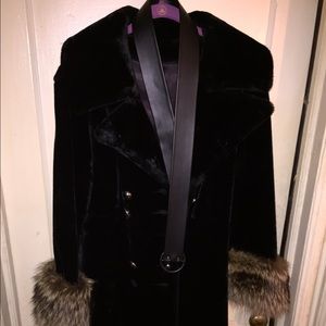 Velvet and fur knee length coat